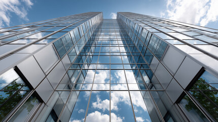 Obraz premium Contemporary corporate tower with reflective facade under blue sky