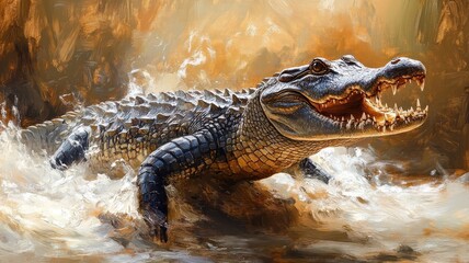 Obraz premium Oil painting style, a crocodile depicted with rich, textured brushstrokes, highlighting its rough scales and powerful physique in a classic, realistic manner.