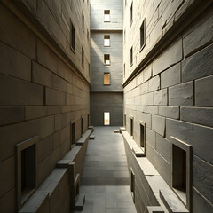 a long, symmetrical hallway crafted from stone, lined with open doorways and bathed in warm,