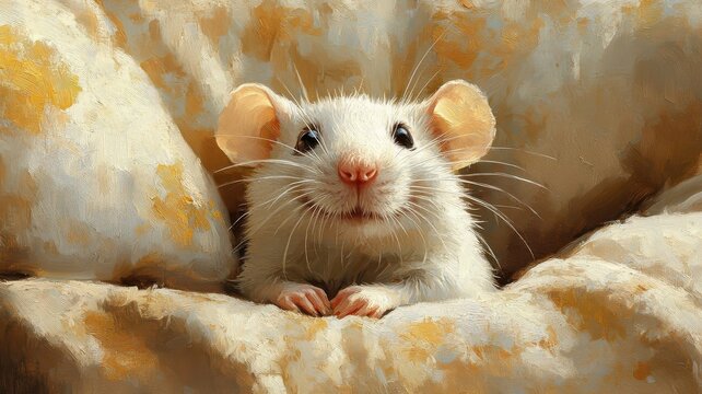 Oil painting style, a mouse or rat portrayed with rich, textured brushstrokes and warm colors, set against a cozy, detailed environment.