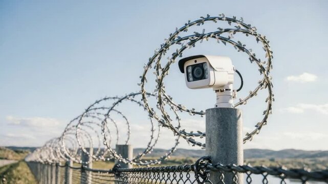 Barbed wire fence and a security camera with blue sky on the background.