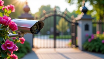 Security camera mounted near garden gate surrounded by blooming pink flowers. Home safety, outdoor surveillance, and aesthetic landscaping.