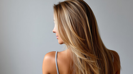 Rear view of young woman with long straight blonde hair