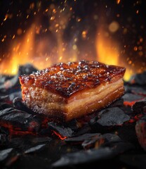 Crispy bacon sizzling on hot coals