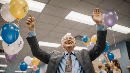 An old man celebrates the last day of work in office before the retirement. 