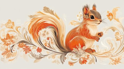 Obraz premium Art Nouveau style squirrel, with flowing lines and intricate floral embellishments surrounding it.