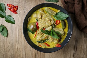 Green curry with fish balls in a black bowl