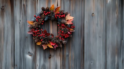 Fototapeta premium Autumn wreath hanging on weathered wooden planks.