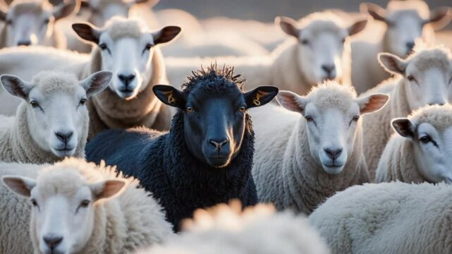 A black sheep surrounded by a flock of white sheep.
