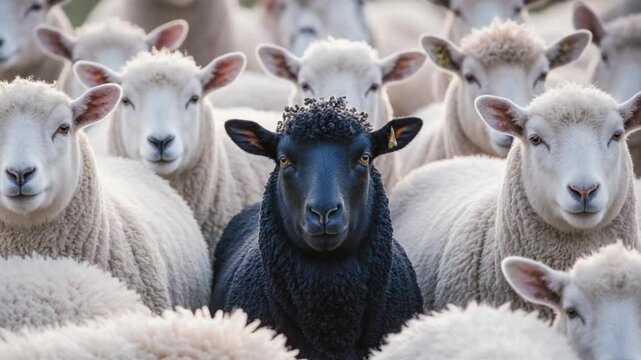 Stand Out: Lone Black Sheep Amidst a Flock of White Sheep. A black sheep standing distinct in a group of white sheep, symbolizing uniqueness.