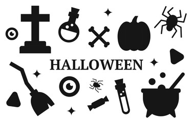 set of black silhouette halloween scary and cute flat icons. collection of halloween elements made made of geometric shapes.	