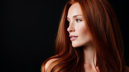 Fototapeta premium Woman with long shiny red hair posing for beauty ad