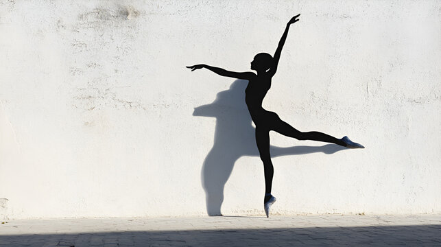 Black silhouette of a ballerina dancing against a white wall on a paved surface