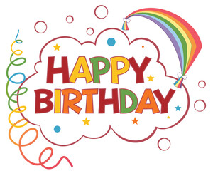 Colorful happy birthday text with a rainbow and confetti inside a cloud shape for celebration