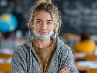 Portrait of a young woman with a face mask lowered in a classroom setting with books and globe
