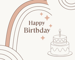 Bohemian style happy birthday greeting card with a two tiered cake and candle and abstract rainbow elements