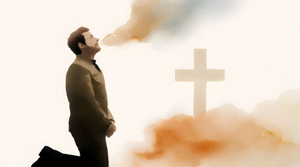 Watercolor silhouette of a man kneeling before the cross
