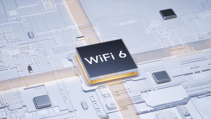 Digital art showcasing WiFi 6 semiconductor chip integrated with futuristic circuit board design