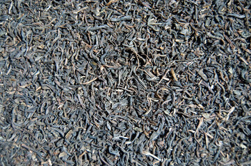 A texture of dry tea leaves close-up. Green tea leaves background. 
