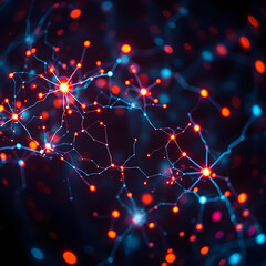 a dynamic abstract representation of interconnected glowing neural networks, featuring vibrant red and blue nodes against a dark