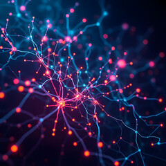 a dynamic abstract representation of interconnected glowing neural networks, featuring vibrant red and blue nodes against a dark