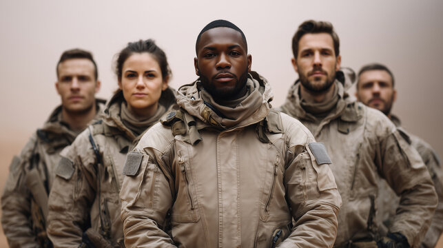 Group of modern soldiers in full gear standing in dusty environment