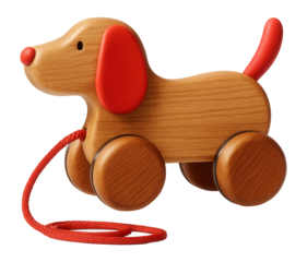Pull toy dog with a sturdy wooden body and wheels, designed for toddlers in a private house.