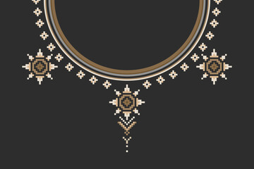 Pixel collar ornament with symmetrical star shapes in bronze and cream tones. Perfect for shirt design, embroidery pattern, or fashion template in ethnic-modern style.