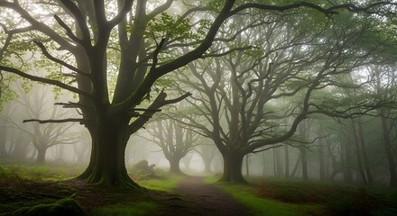 Fototapeta premium Enchanting misty forest landscape featuring towering trees and subtle greenery
