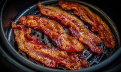 Crispy bacon strips in a black air fryer basket (3)