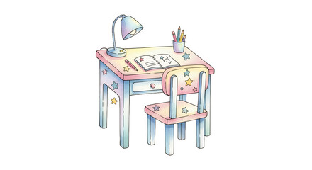 Fototapeta premium Colorful illustration of a study desk with a lamp, chair, and stationery for educational design
