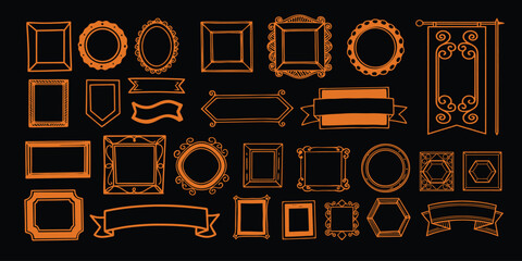 Orange geometric frames borders and decorative elements collection set isolated on black background for design projects