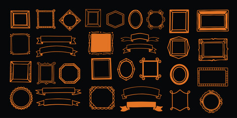 Orange geometric frames borders and decorative elements collection set isolated on black background vector illustration