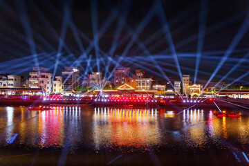 A light show was held at night in Xincun, Wanjiang, Dongguan, China.