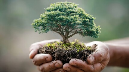 Hands gently holding a small green tree with soil, symbolizing growth, care, and hope for the environment and future life on Earth.