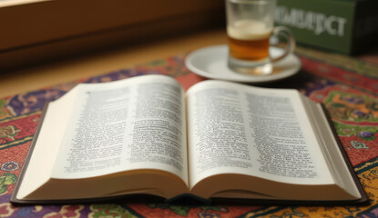 Obraz premium Morning Peace with Open Religious Book: A religious book placed on a mat beside a cup of tea, gently lit by a lamp or sunrise, evoking reflection and tranquility.