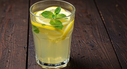 Fototapeta premium Refreshing Lemonade With Lemon Slices And Mint Leaves In A Tall Glass On A Wooden Table
