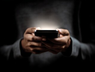 Person holding illuminated smartphone in darkness