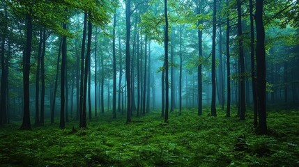 Obraz premium Misty forest scene. Lush green trees stand tall in a tranquil, misty woodland