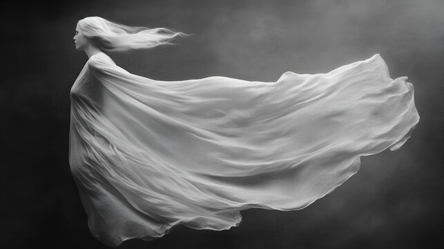 Woman veiled in billowing white fabric windblown hair against a dark gray background