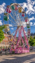 Fototapeta premium A large colorful Ferris wheel stands in a city square