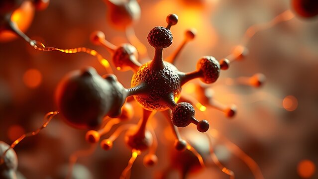 Surreal molecular structure with coffee-hued energy waves activating cells, depicting anti-aging research.