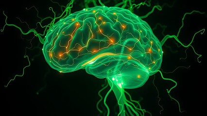 A translucent brain entwined with glowing green bioluminescent vines, pulsing with mysterious energy.