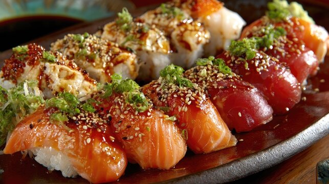 Assorted sushi pieces arranged on a dark plate