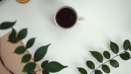 Minimalist desk with coffee cup and plant leaves, showcasing a clean and organized workspace.