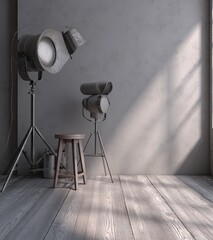 A minimalist studio space, featuring two studio lights and a stool, bathed in natural light