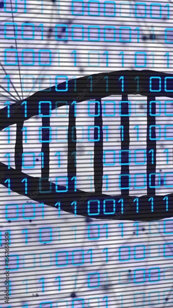 Poster animation of dna strand with binary coding data processing over network of connections