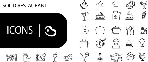 Restaurant icons set in solid style with various food and drink items  