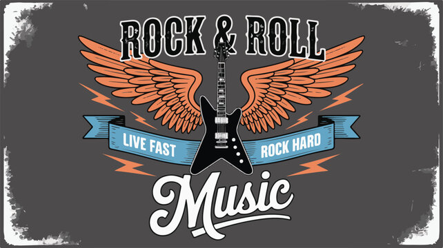 Rock and roll music with winged guitar and slogans