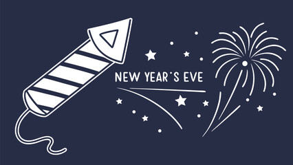 New Year's Eve Celebration: Festive Line Art Graphic Featuring Firecracker and Fireworks, Minimalist Style, Dark Blue Background, Holiday Mood.